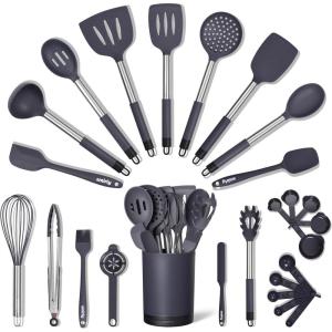 imageSmirly Silicone Cooking Utensils Set with Holder  Kitchen Tools for Nonstick CookwareGray