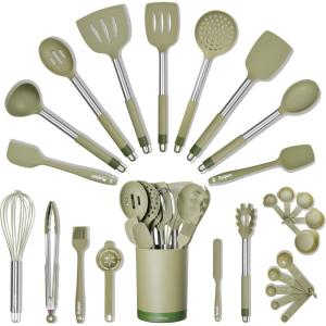 imageSmirly Silicone Cooking Utensils Set with Holder  Kitchen Tools for Nonstick CookwareGreen