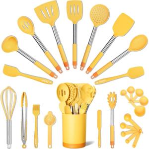 imageSmirly Silicone Cooking Utensils Set with Holder  Kitchen Tools for Nonstick CookwareYellow