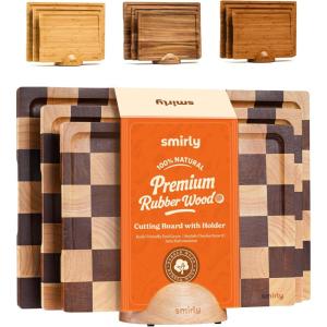 imageSMIRLY Wood Cutting Boards for Kitchen Wooden Chopping Board Set Reversible with Deep Juice Grooves Grip Handles Large Charcuterie Tray for Home Kitchen Natural Birch 3Pcs with HolderRubber Wood