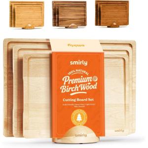 imageSMIRLY Wood Cutting Boards for Kitchen Wooden Chopping Board Set Reversible with Deep Juice Grooves Grip Handles Large Charcuterie Tray for Home Kitchen Natural Birch 3Pcs with HolderBirch Wood