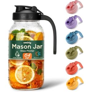 imageSMIRLY 64 oz Mason Jar PitcherGlass Pitcher with Wide MouthWater Jug with Double Leak Proof Lid for Iced CoffeeHot WaterBreast MilkBlack