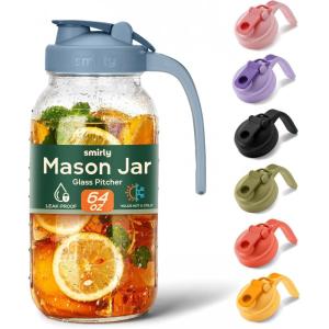 imageSMIRLY 64 oz Mason Jar PitcherGlass Pitcher with Wide MouthWater Jug with Double Leak Proof Lid for Iced CoffeeHot WaterBreast MilkBlue