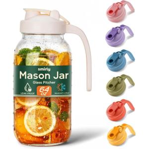 imageSMIRLY 64 oz Mason Jar PitcherGlass Pitcher with Wide MouthWater Jug with Double Leak Proof Lid for Iced CoffeeHot WaterBreast MilkCream White