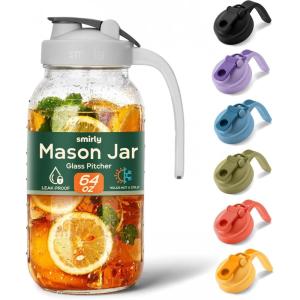 imageSMIRLY 64 oz Mason Jar PitcherGlass Pitcher with Wide MouthWater Jug with Double Leak Proof Lid for Iced CoffeeHot WaterBreast MilkGray white