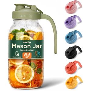 imageSMIRLY 64 oz Mason Jar PitcherGlass Pitcher with Wide MouthWater Jug with Double Leak Proof Lid for Iced CoffeeHot WaterBreast MilkGreen