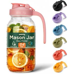 imageSMIRLY 64 oz Mason Jar PitcherGlass Pitcher with Wide MouthWater Jug with Double Leak Proof Lid for Iced CoffeeHot WaterBreast MilkPink