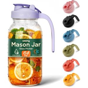 imageSMIRLY 64 oz Mason Jar PitcherGlass Pitcher with Wide MouthWater Jug with Double Leak Proof Lid for Iced CoffeeHot WaterBreast MilkPurple