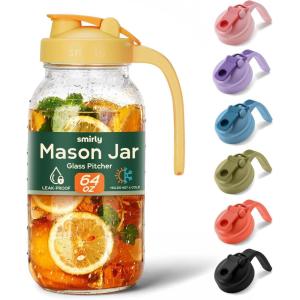 imageSMIRLY 64 oz Mason Jar PitcherGlass Pitcher with Wide MouthWater Jug with Double Leak Proof Lid for Iced CoffeeHot WaterBreast MilkYellow