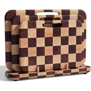 image:imageSMIRLY Wooden Cutting Boards for Kitchen DoubleSided Cutting Board with Handle Heavy Duty Solid Acacia Wood Cutting Board Set with Stand 3 Pcs Cutting Boards Non Toxic for Meat Vegetable FruitRubberwood Brown