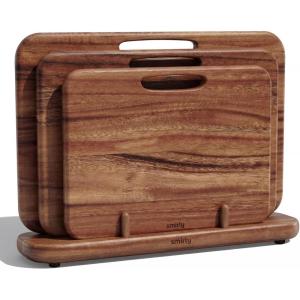 image:imageSMIRLY Wooden Cutting Boards for Kitchen DoubleSided Cutting Board with Handle Heavy Duty Solid Acacia Wood Cutting Board Set with Stand 3 Pcs Cutting Boards Non Toxic for Meat Vegetable FruitWalnut Brown