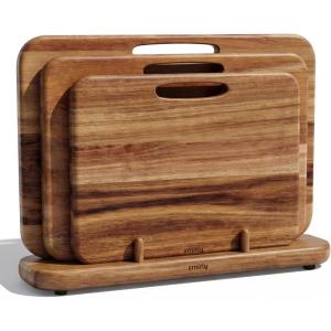 image:imageSMIRLY Wooden Cutting Boards for Kitchen DoubleSided Cutting Board with Handle Heavy Duty Solid Acacia Wood Cutting Board Set with Stand 3 Pcs Cutting Boards Non Toxic for Meat Vegetable FruitAcacia Brown