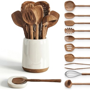 image:imageSMIRLY Wooden Spoons for Cooking  12Piece Premium Walnut Wood Utensil Set with Ceramic Holder amp Spoon Rest NonScratch Cooking Utensils Set for Nonstick Cookware Luxury Kitchen Gift Set WalnutAcacia