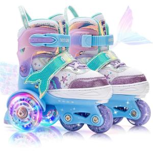 imageNEMONE Mermaid 4 Size Adjustable Light up Roller Skates for Girls Purple Blue Skates for Toddlers Beginner Kids Roller Skates Indoor OutdoorToddler Blue Skates