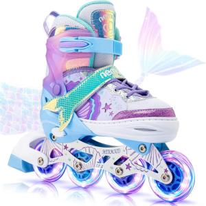 imageNEMONE Mermaid Inline Skates 4 Sizes Adjustable Skates for Girls Kids with Light up Wheels Indoor Beginner Outdoor for Kids Ages 46 58 612 812Blue