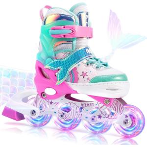 imageNEMONE Mermaid Inline Skates 4 Sizes Adjustable Skates for Girls Kids with Light up Wheels Indoor Beginner Outdoor for Kids Ages 46 58 612 812Green