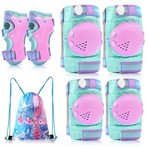 imageNEMONE Mermaid Knee Pads for Kids Girls Boys Knee Elbow Pads Wrist Guards with Drawstring Bag Adjustable Reflective Protective Gear Set for Roller Skates Bike Cycling Skateboard ScooterGreen