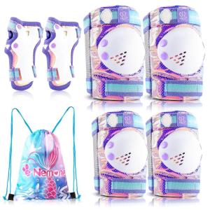 imageNEMONE Mermaid Knee Pads for Kids Girls Boys Knee Elbow Pads Wrist Guards with Drawstring Bag Adjustable Reflective Protective Gear Set for Roller Skates Bike Cycling Skateboard ScooterPurple