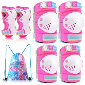 imageNEMONE Mermaid Knee Pads for Kids Girls Boys Knee Elbow Pads Wrist Guards with Drawstring Bag Adjustable Reflective Protective Gear Set for Roller Skates Bike Cycling Skateboard ScooterLight Rose