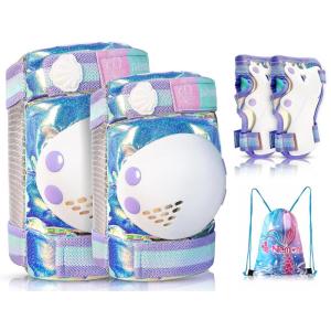 imageNEMONE Mermaid Knee Pads for Kids Girls Boys Knee Elbow Pads Wrist Guards with Drawstring Bag Adjustable Reflective Protective Gear Set for Roller Skates Bike Cycling Skateboard ScooterLight Purple