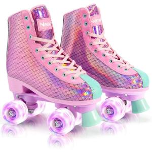 imageNEMONE Roller Skates for Girls Women Roller Skates with Light up Wheels Classic Shiny Mermaid Rollerskates High Top Outdoor Indoor Skates for Adults Youth KidsPink