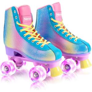 imageNEMONE Roller Skates for Girls Women Roller Skates with Light up Wheels Classic Shiny Mermaid Rollerskates High Top Outdoor Indoor Skates for Adults Youth KidsRainbow