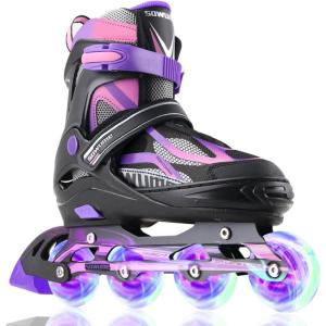 imageSowume Adjustable Inline Skates for Girls and Boys Roller skates with All Light Up Wheels Patines para mujer for Kids and Adults Men WomenAPurple