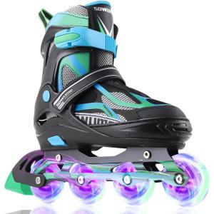 imageSowume Adjustable Inline Skates for Girls and Boys Roller skates with All Light Up Wheels Patines para mujer for Kids and Adults Men WomenCGreen