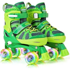 imageNEMONE Roller Skates for Boys Kids Ages 46 58 612 812 with 4 Sizes Adjustable Light up Wheels Todder Beginner Rollerskates Indoor Outdoor SportsDinosaur  Green