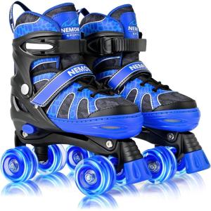 imageNEMONE Roller Skates for Boys Kids Ages 46 58 612 812 with 4 Sizes Adjustable Light up Wheels Todder Beginner Rollerskates Indoor Outdoor SportsDinosaur  Blue