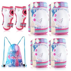 imageNEMONE Mermaid Knee Pads for Kids Girls Boys Knee Elbow Pads Wrist Guards with Drawstring Bag Adjustable Reflective Protective Gear Set for Roller Skates Bike Cycling Skateboard ScooterBlue