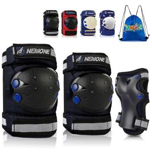 image:imageNEMONE Knee Pads for Kids Girls Boys Knee Elbow Pads Wrist Guards with Drawstring Bag Adjustable Reflective Protective Gear Set for Roller Skates Bike Cycling Skateboard Scooter  Green MBlack Blue