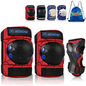 image:imageNEMONE Knee Pads for Kids Girls Boys Knee Elbow Pads Wrist Guards with Drawstring Bag Adjustable Reflective Protective Gear Set for Roller Skates Bike Cycling Skateboard Scooter  Green MBlack Red