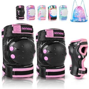 image:imageNEMONE Knee Pads for Kids Girls Boys Knee Elbow Pads Wrist Guards with Drawstring Bag Adjustable Reflective Protective Gear Set for Roller Skates Bike Cycling Skateboard Scooter  Green MBlack Pink