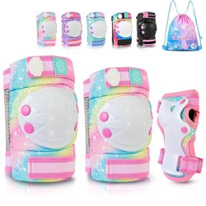 image:imageNEMONE Knee Pads for Kids Girls Boys Knee Elbow Pads Wrist Guards with Drawstring Bag Adjustable Reflective Protective Gear Set for Roller Skates Bike Cycling Skateboard Scooter  Green MPink