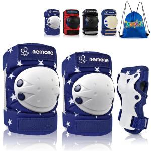 image:imageNEMONE Knee Pads for Kids Girls Boys Knee Elbow Pads Wrist Guards with Drawstring Bag Adjustable Reflective Protective Gear Set for Roller Skates Bike Cycling Skateboard Scooter  Green MBlack White