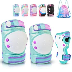 image:imageNEMONE Knee Pads for Kids Girls Boys Knee Elbow Pads Wrist Guards with Drawstring Bag Adjustable Reflective Protective Gear Set for Roller Skates Bike Cycling Skateboard Scooter  Green MC Green