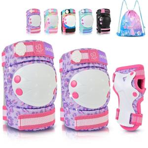 image:imageNEMONE Knee Pads for Kids Girls Boys Knee Elbow Pads Wrist Guards with Drawstring Bag Adjustable Reflective Protective Gear Set for Roller Skates Bike Cycling Skateboard Scooter  Green MPurple