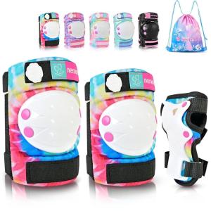 image:imageNEMONE Knee Pads for Kids Girls Boys Knee Elbow Pads Wrist Guards with Drawstring Bag Adjustable Reflective Protective Gear Set for Roller Skates Bike Cycling Skateboard Scooter  Green MTie Dye