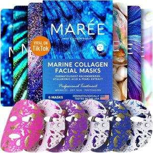 imageMAREE Collagen Face Mask with Hyaluronic Acid  Sheet Face Masks Skincare with Green ampamp Red Algae Extract for All Skin Types  Hydrating Facial Mask Skin For Women Care Mascarillas Faciales  6 PackFacial Mask