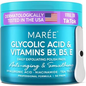 imageMAREE Glycolic Acid Pads  Toner Pads for Face Cleansing With Tea Tree Oil  Exfoliating Pads with Salicylic Acid ampamp Vitamins E B3 B5  Face Pads Facial Peel ampamp Radiance Deep Cleaning Effect  50 Pads