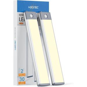 imageHIBOITEC LED Motion Sensor Cabinet Light 2500mAh 2 Packs Rechargeable Under Counter Closet Lighting Wireless Night Light with 54 LEDs for Cabinet Wardrobe Kitchen Hallway StairsWarm White
