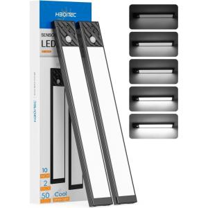 imageHIBOITEC Under Cabinet Lighting Rechargeable Closet Lights Wireless Motion Sensor Light Indoor 50 LED Dimmable Magnetic Under Counter Light for Kitchen Pantry 2 Pack Cool White Light 10 inchBlack Cool White Light