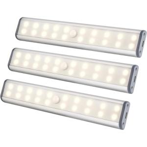 imageUnder Cabinet Lighting Closet Light 20 LEDs 3 Packs Wireless Rechargeable Cabinet Lights Magnetic Under Counter Lighting LED Motion Sensor Night Light for Closet Cabinet Wardrobe Stairs WhiteWarm White
