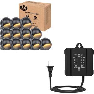 imageHIBOITEC 12 Pack Low Voltage LED Deck Lights ampamp 100W Low Voltage Landscape Transformer with Timer ampamp Photocell Sensor 120V AC to 12V DC