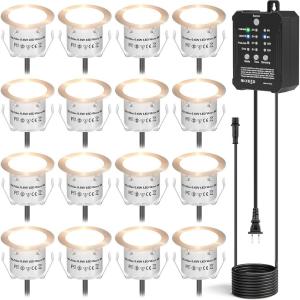 imageHIBOITEC Low Voltage Deck Lights Kit with Transformer Dimmable Timer and Photocell Sensor Outdoor LED Deck Lighting IP67 Waterproof 2700K for Garden Yard Stair Patio Floor Decoration 16 PacksMulticolor