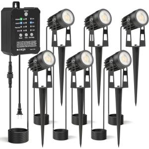 imageHIBOITEC Low Voltage Landscape Lighting with Transformer Photocell Sensor and Timer Spotlights Kit 71FT ETL Approved Wire Dimmable Waterproof 2700K for House Yard Trees Garden Plants Outdoor 8 PacksWarm White