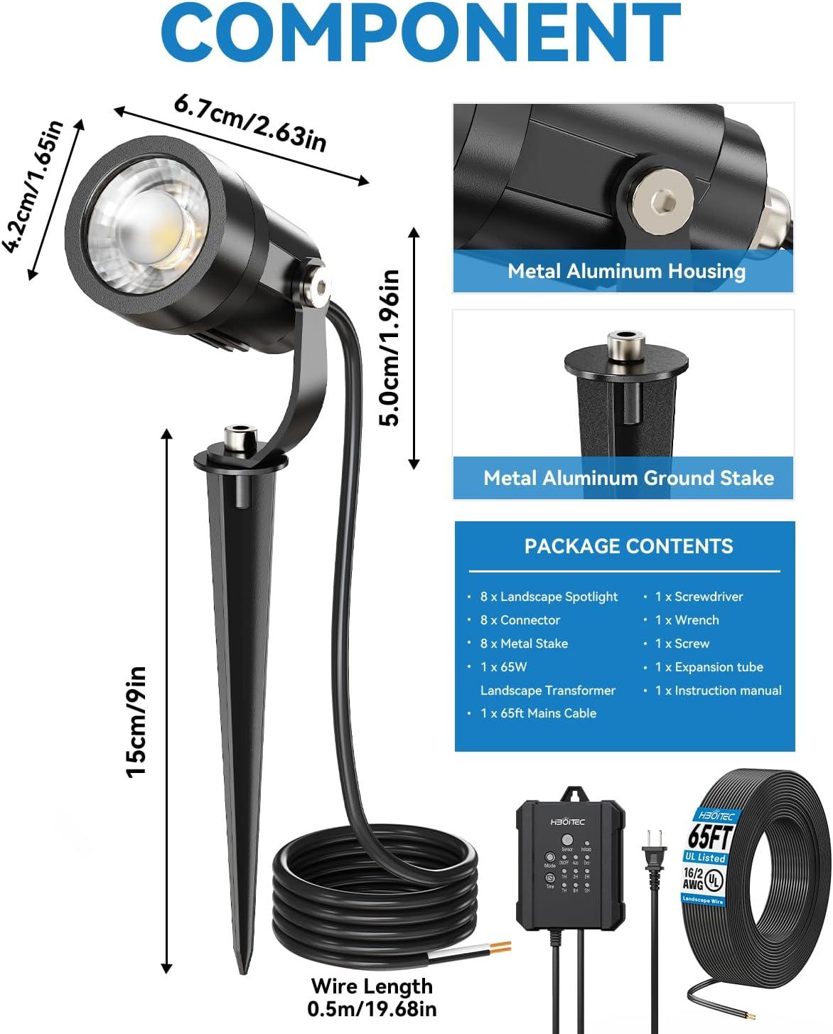 image:imageHIBOITEC AllinOne Low Voltage Landscape Lighting Kit 5W LED Landscape Lights with Transformer and 65FT Wire Waterproof Outdoor Spot Lights for Pathway Yard Garden 2700K 8 PacksCool White