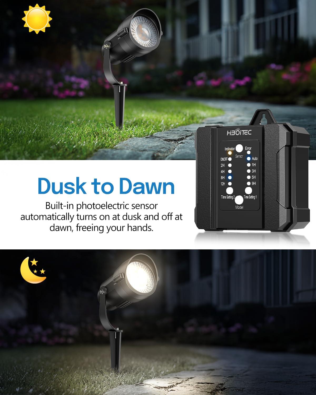 image:imageHIBOITEC Low Voltage Landscape Lighting 12W with Connectors 100W Transformer Photocell Sensor and Timer Spotlights Landscape Lights Kit IP65 Waterproof 2900K for House Yard Trees 8 PacksDay White