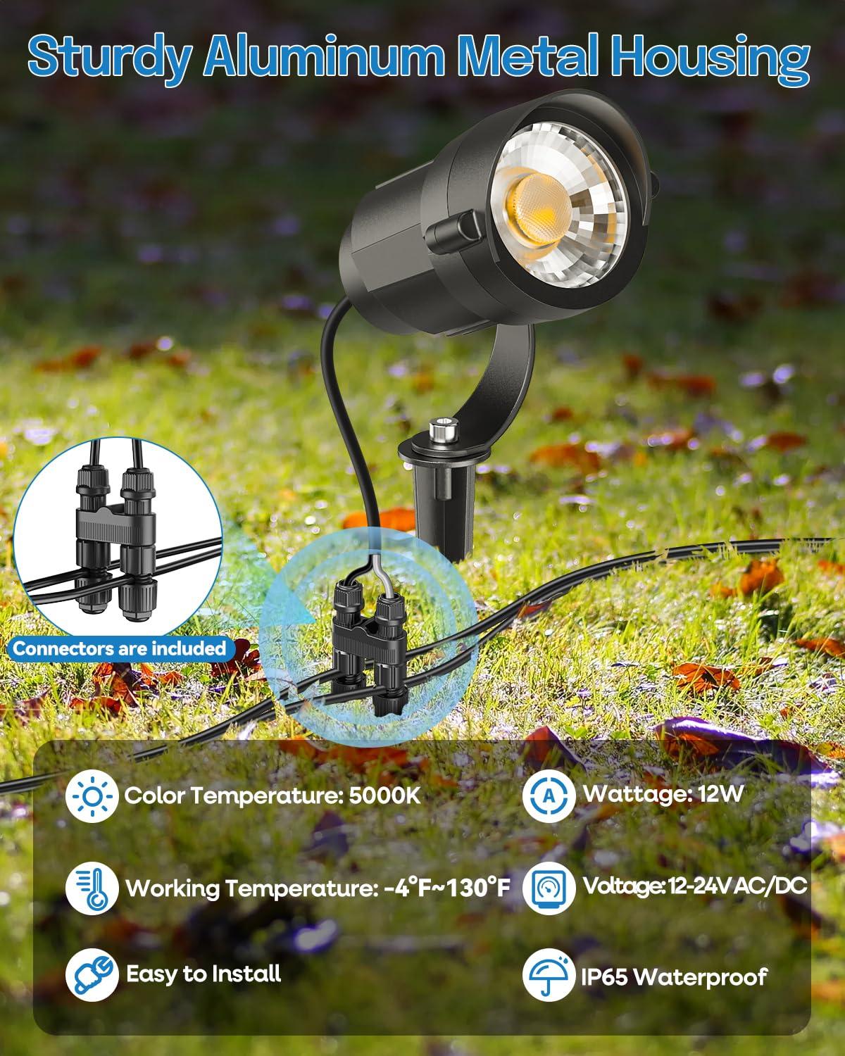 image:imageHIBOITEC Low Voltage Landscape Lighting 12W with Connectors 100W Transformer Photocell Sensor and Timer Spotlights Landscape Lights Kit IP65 Waterproof 2900K for House Yard Trees 8 PacksDay White